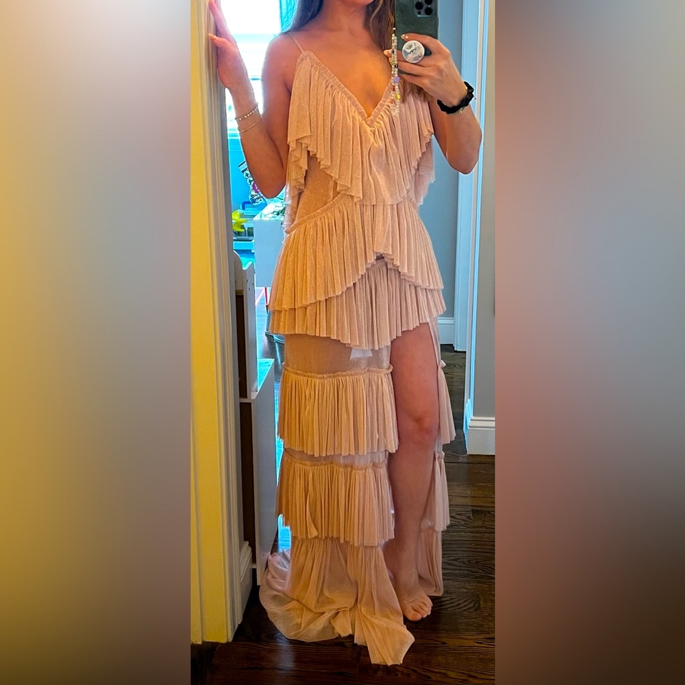 Nat & Liv pink ruffle gown. Fabric is made with shear metallic thread.